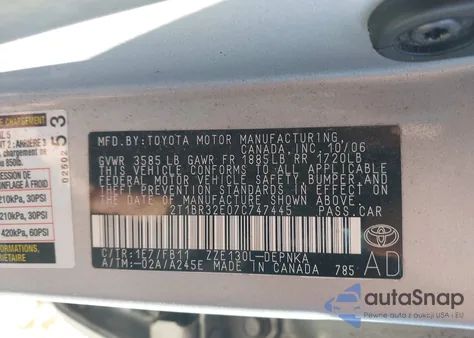 2007 Toyota Corolla Le из США, поврежденный, VIN 2T1BR32E07C747445